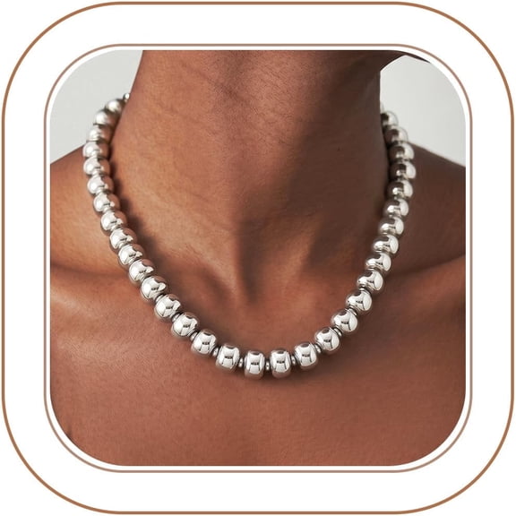 SUETOR Silver Plated Chunky Necklace for Women - Big Large Round Beaded Statement Necklace, Trendy Jewelry Gifts for Anniversary Birthday