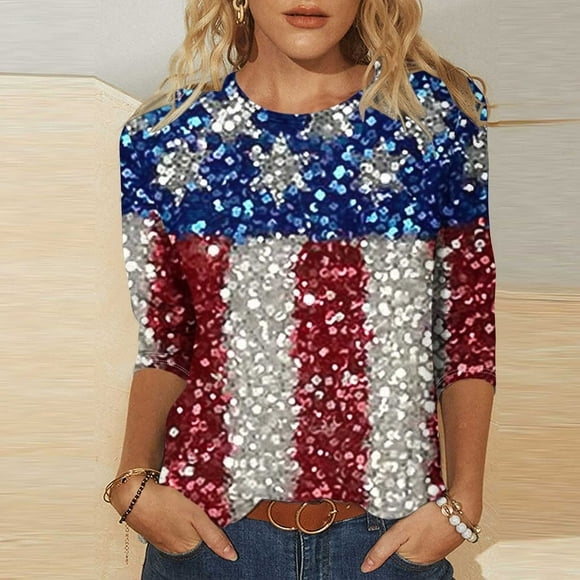 Sijiajgjfu American Flag Sequin Shirts for Women 3/4 Sleeve Plus Size 4th of July Star Stripes Top Blouses 2025 Multicolor S