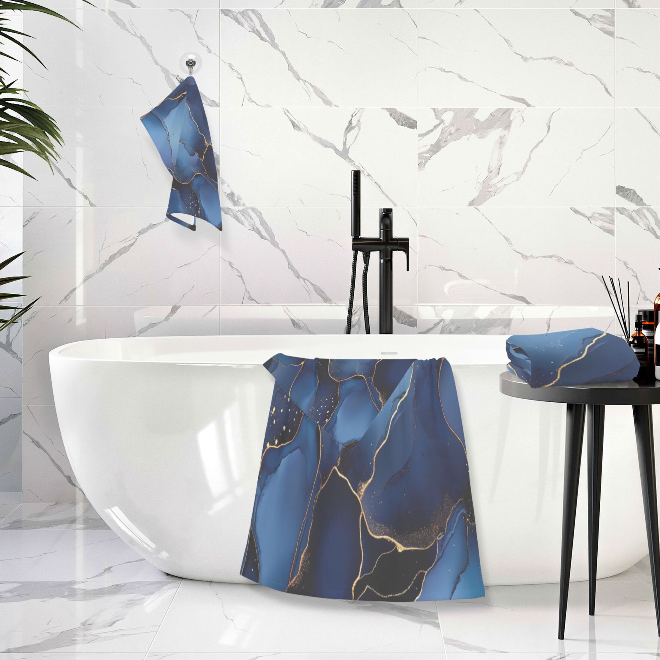 Qxltty Gilt Navy Blue Marble Bath and Hand Towel Set 100% Cotton Towels for Bathroom Soft Durable and Absorbent