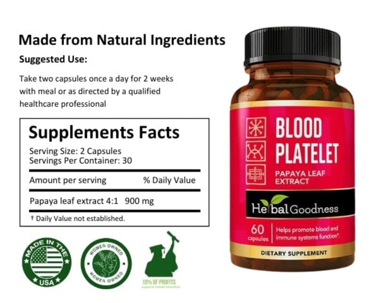 Blood Platelets Supplements, Papaya Leaf, Papaya Pills, Blood Support Formula, Cleanse, Detox Capsule, 60/500mg,  Herbal Goodness