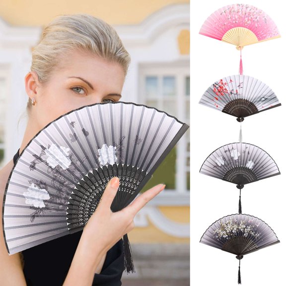 Spencer 4 Packs Womens Handheld Folding Fan, Line Dancing Fans, Floral Pattern Hand Held Fans Silk Fans with Tassel for Dancing Decorations Gift