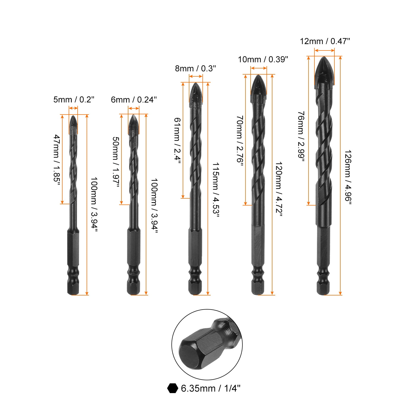 Uxcell 10 Packs 5mm 5mm 6mm 6mm 6mm 6mm 8mm 8mm 10mm 12mm Concrete Masonry Drill Bit Set