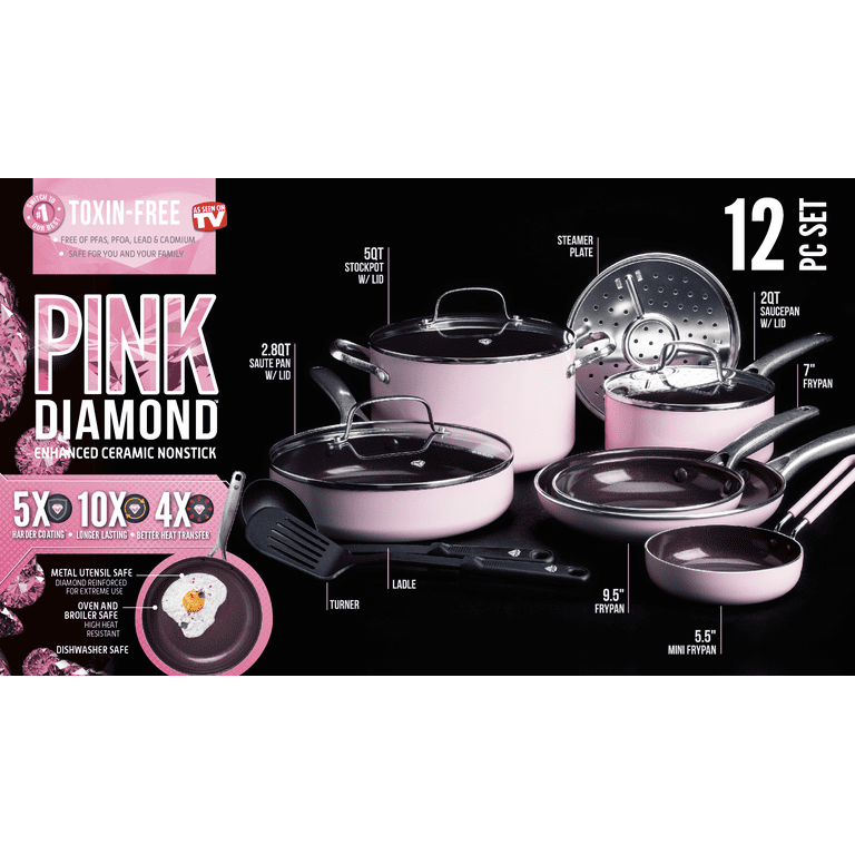 GreenLife Diamond Healthy Ceramic Nonstick, Cookware Pots and Pans Set, 14 Piece, Pink