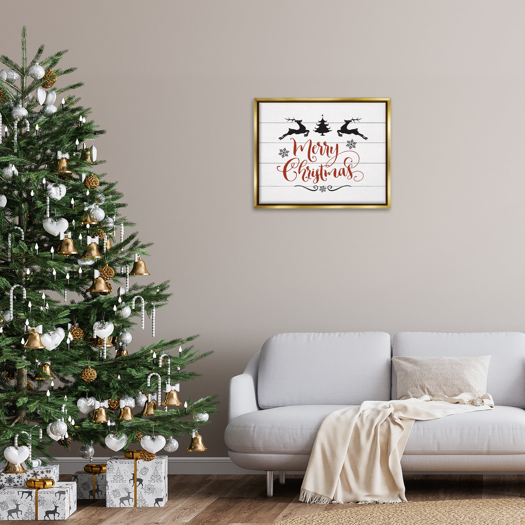 Stupell Industries Merry Christmas with Reindeer Holiday Painting Gold Floater Framed Canvas Art Print Wall Art, 31 x 25