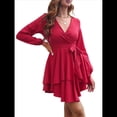 thumbnail image 1 of Vestido Corto de Mujer, Larga, Escote en V Profundo, Cintura con Lazo y Volantes, Estilo . Rojo Vino XL, 1 of 10