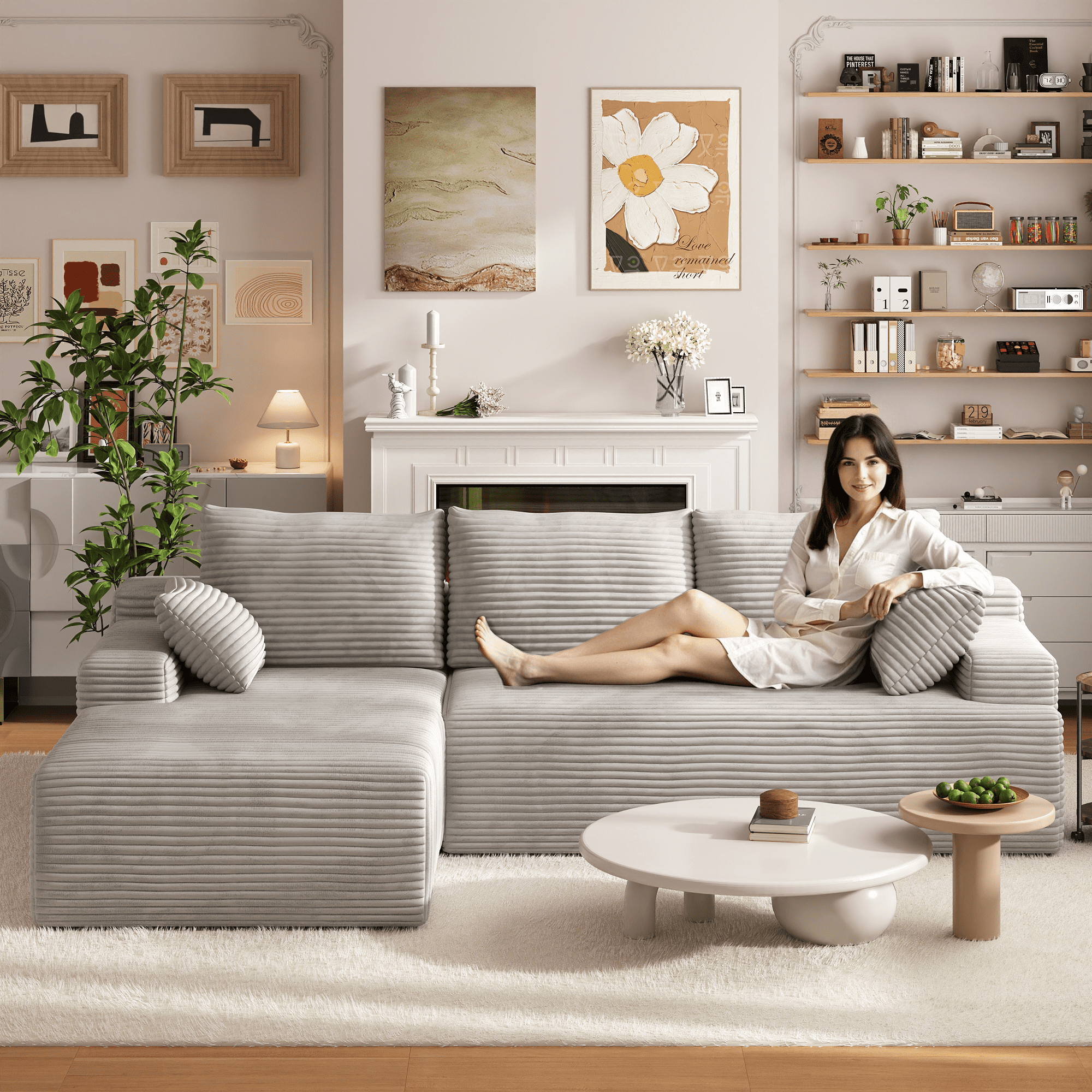 104" Cloud Sectional Couch with L-Shape Chaise, Modern Modular Sofa with Deep Seat, Upholstered Couches with Back Cushion for Living Room Bedroom, No Assembly Required, White Grey (Corduroy Fabric)