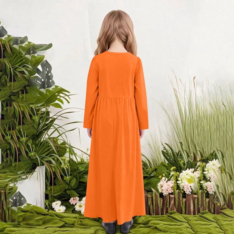 Jsgek Girls Maxi Dress Long Sleeve Casual Round Neck Solid Dresses Holiday Dress with Pockets Orange 4 Years, Infant Girl's, Size: 4T