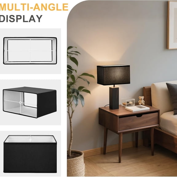 Black Lamp Shades Set of 2, Large Rectangle Lampshades Replacement, 16"L x 8"W x 10"H, Fabric Lamp Shade for Table Lamps Floor Lamps, Spider, Harp Holders Included, Easy Assembly Required