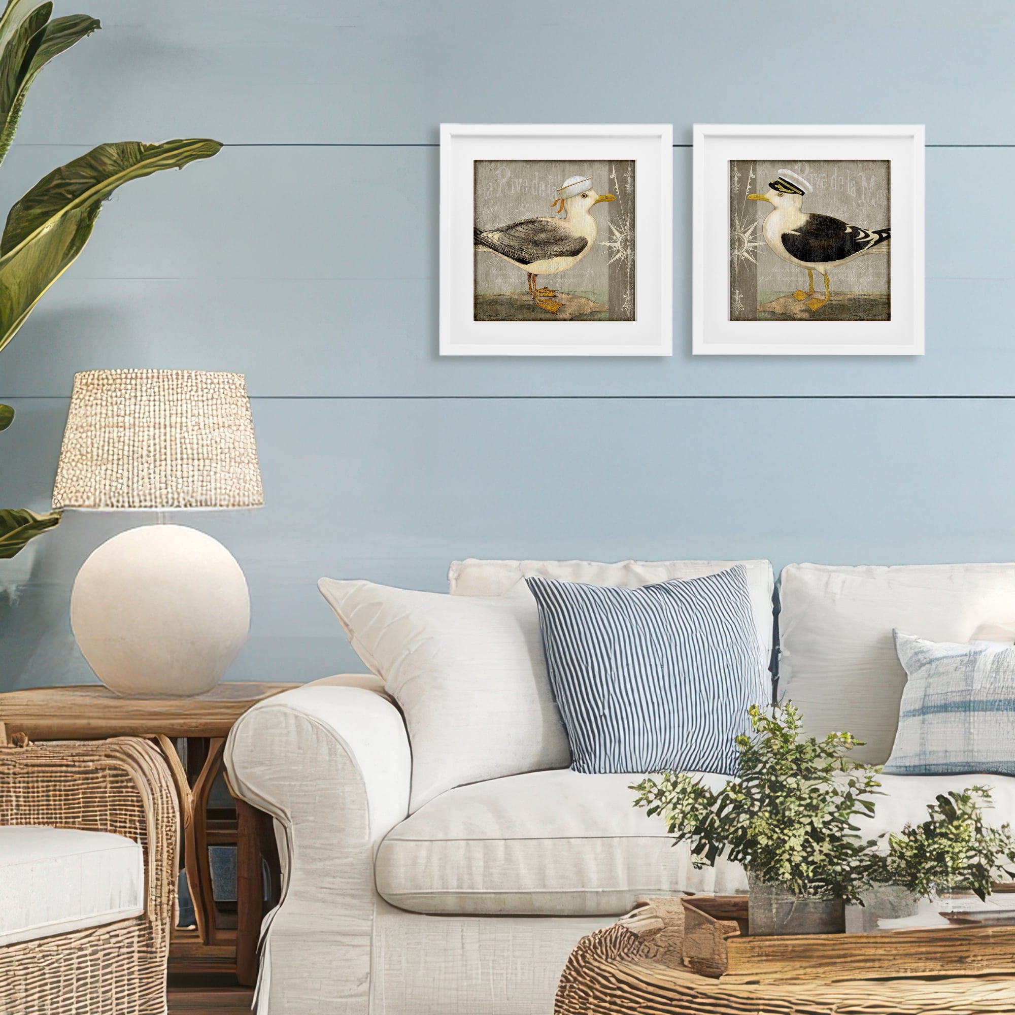 Stupell Industries Little Seagulls with Hats 2 Piece White Framed Print Under Glass Set, design by Suzanne Nicoll