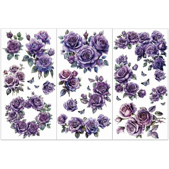 3pcs/Set Purple Rose Rub on Transfers for Furniture and Crafts 6x12 inch Flower Decor Transfer Stickers Butterfly Rub on Decals for Wood Furniture Scrapbooking Home Decorations