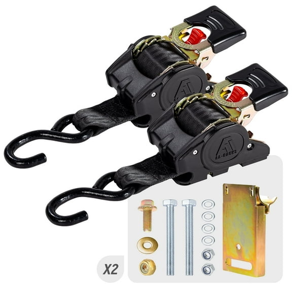 AA-Racks Heavy Duty Retractable Ratchet Straps (2 Pack) - 2 Inch x 9 Ft 3300lbs Break Strength, Tie Down Straps for Securing Cargo, Truck Rack Ratchet Strap Kit with S-Hooks