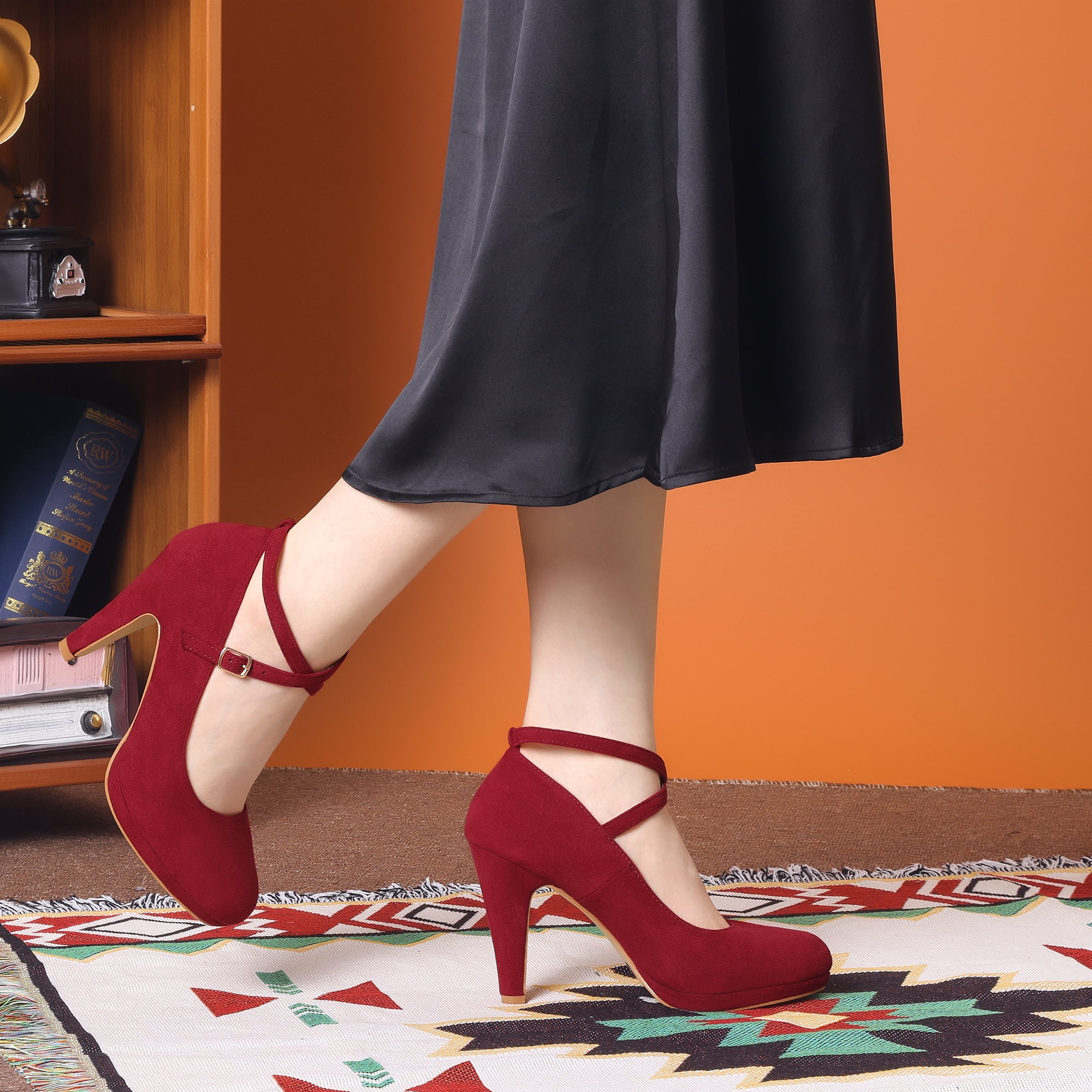 DARING DIVA Women's Platform Cross Strap Stiletto Heels Mary Jane Pumps Burgundy 8
