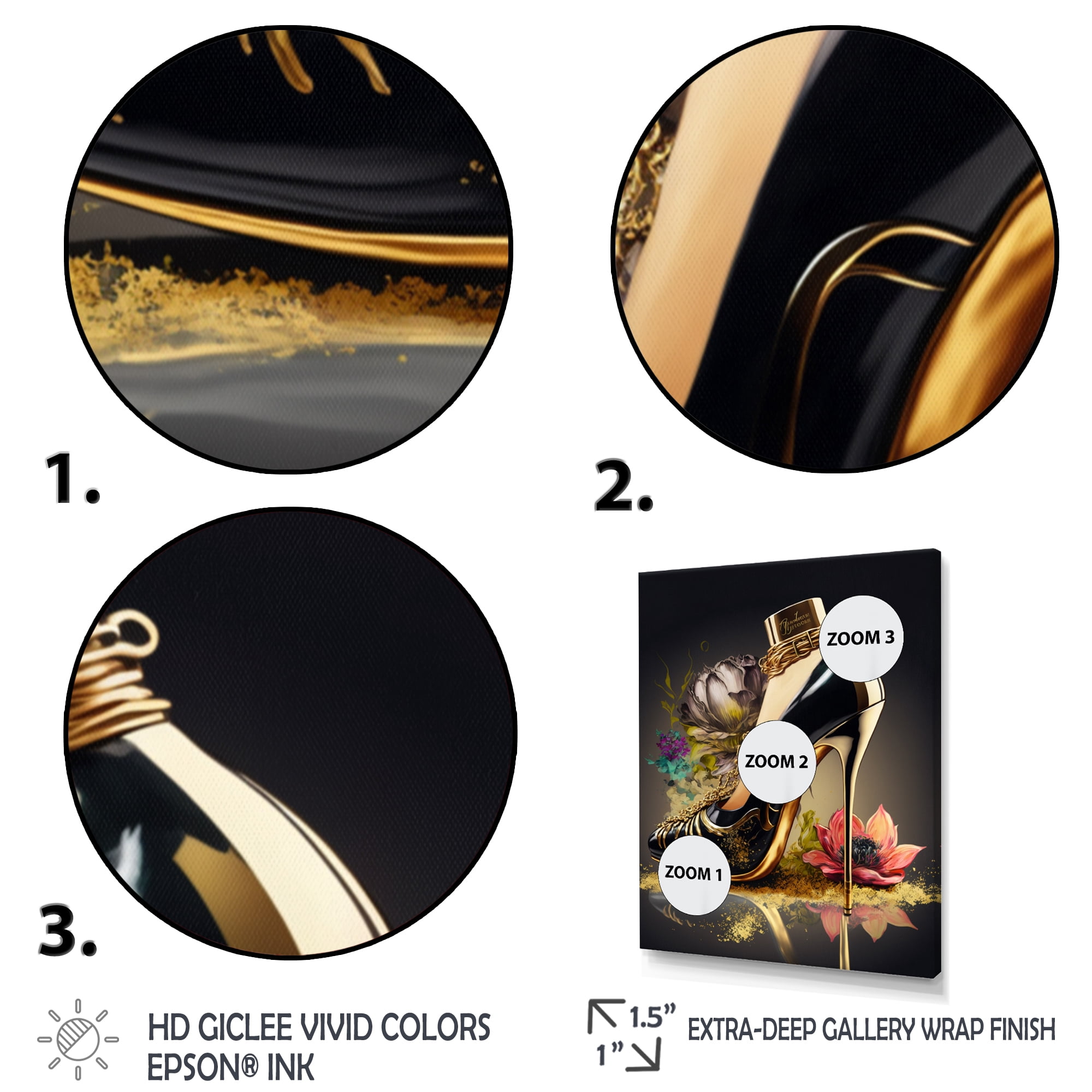 Designart Gold Floral High Heel Shoes I Canvas Wall Art