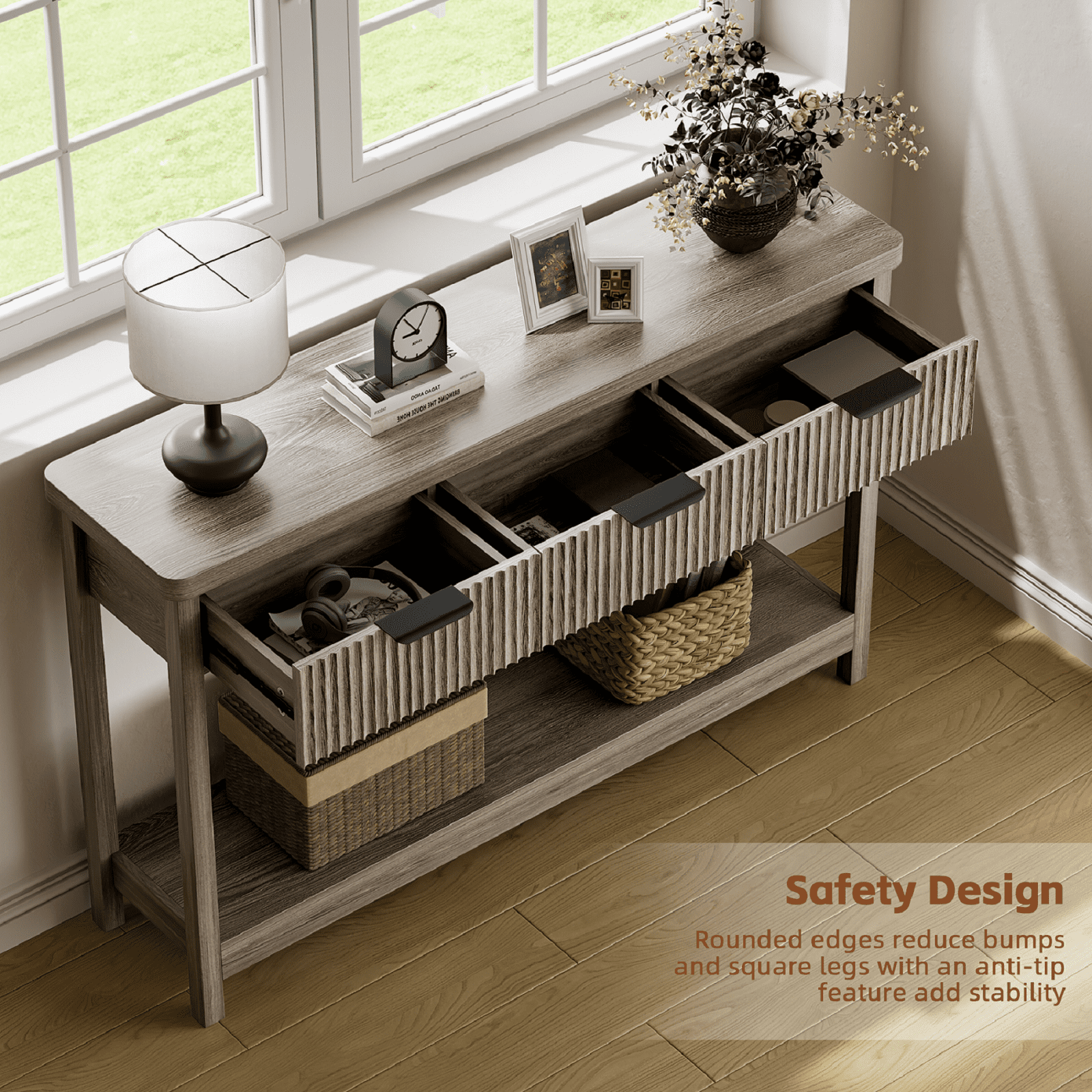 Laintene Console Table for Entryway, 51" Fluted Sofa Table with 3 Drawers and Open Shelf, Modern Narrow Display Shelf for Hallway Living Room, Gray Oak Set of 2