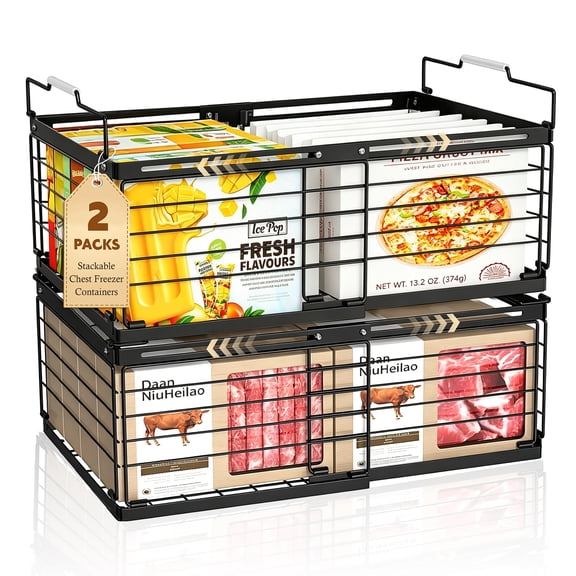 Godance 2 Packs Freezer Organizer Bins, Large Expandable Stackable Chest Freezer Containers with Handle, Metal Adjustable Storage Baskets for Fridge, Deep Freezer, Cabinet, Kitchen, Pantry
