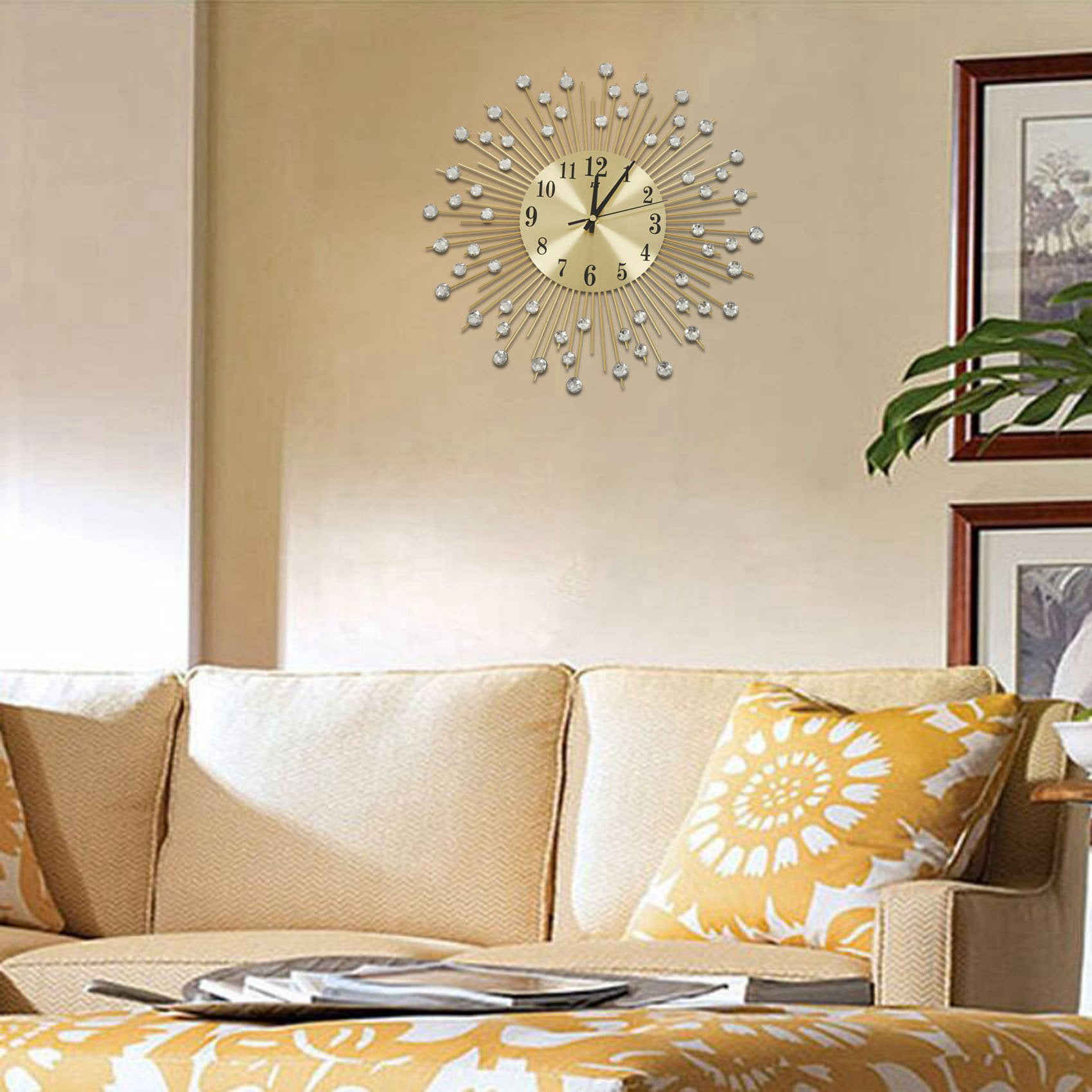 Wall Clock Diamonds Decorative Round Clock Metal (Gold)