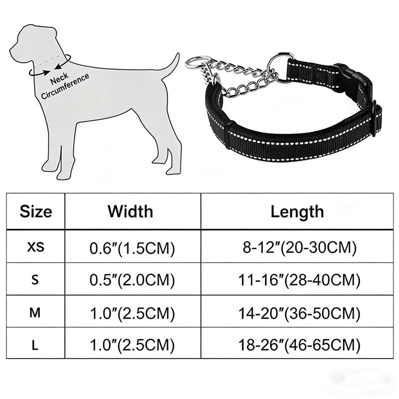 Martingale Dog Collars, Reflective Nylon Collar with Stainless Steel Chain, Adjustable Walking Training Dog Collars with Quick Release Buckle, Suitable for Small Medium Large Dogs