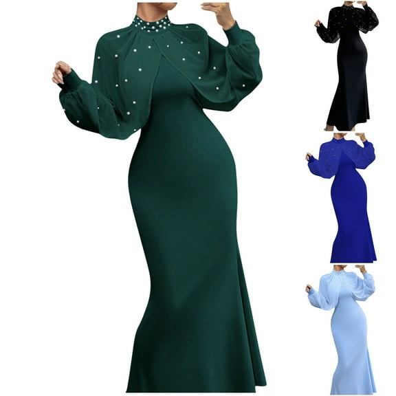 HAOTAGS Womens Dresses, Fall Dress Casual Long Sleeve Round Neck Long Dress Green S