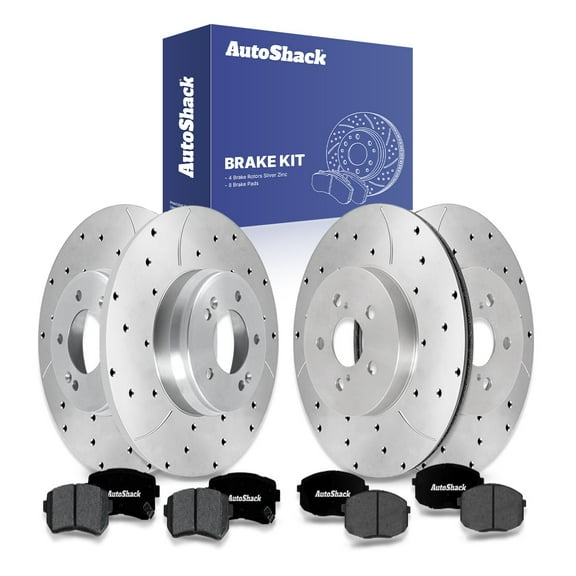 AutoShack Front & Rear Brake Rotors & Premium Pads for Hyundai & Kia, Kona 2018-2023 Seltos 2021-2022, FWD L4 1.6L 2.0L - Silver Zinc Coated Drilled & Slotted - SilverShield Pro