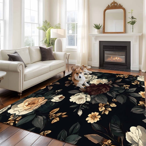 6'x9' Area Rugs, Vintage Black Floral Indoor Outdoor Area Rug for Living Room Bedroom, Spring Seasonal Botanical Blooms Washable Bathroom Rugs Kitchen Floor Carpet Mats Home Decor Aesthetic