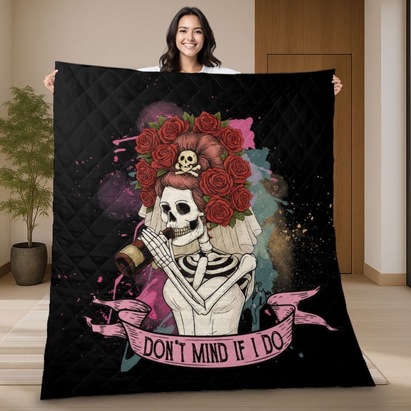 Skeleton Bride With Roses Quilt Blanket, 'Don't Mind If I Do' Design – Gothic Style Blanket, Unique Quilt Gift for Halloween and Gothic Lovers