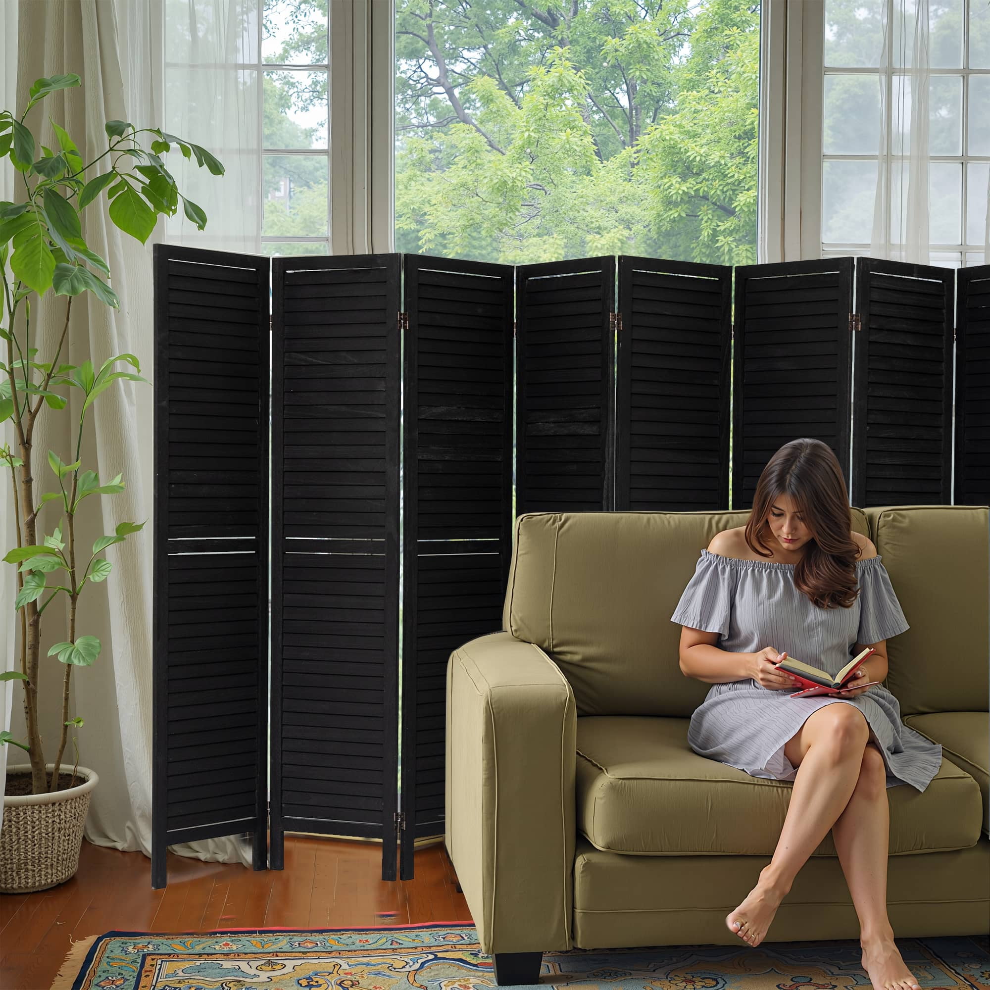 MAYEERTY 8 Panel Wood Room Divider, 5.6Ft Freestanding Louvered Divider Screen, Black