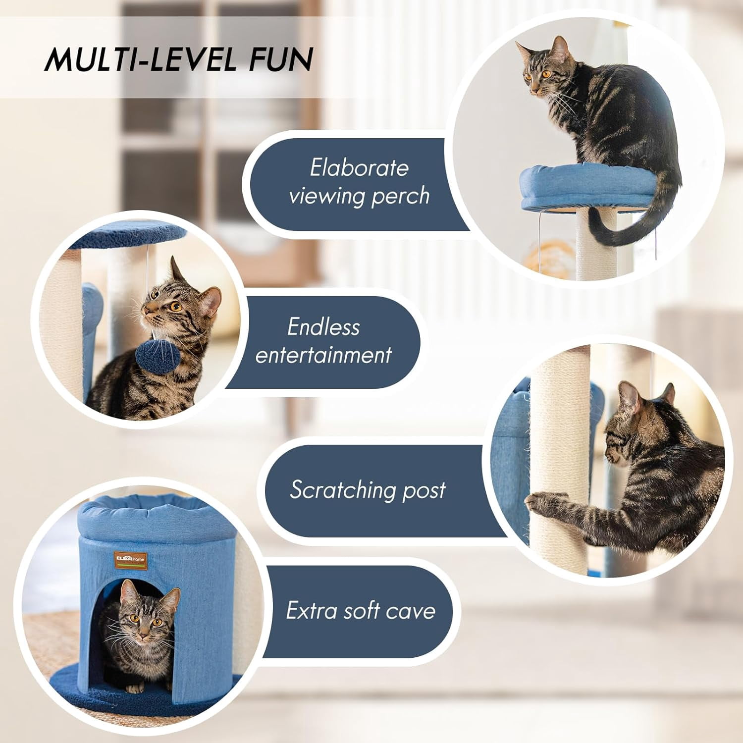 ClevaHome Stylish Cat Tree for for Small Spaces, Kittens, Ultra-Soft Fabric Condo & Cozy Perch, Durable Sisal Scratching Post, and Interactive Hanging Pompom