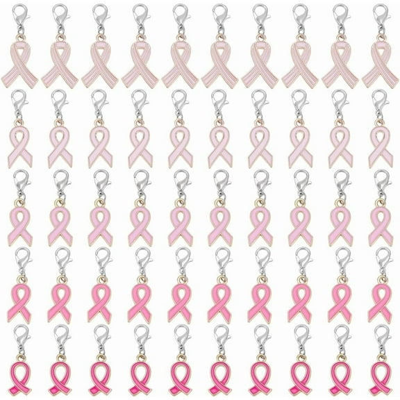 50pcs 5 Styles Breast Cancer Awareness Charms Pink Ribbon Charms for Breast Cancer Support Keychain Gifts Jewellery Making Pink Ribbon Pendants with Clasps for Women 1.1~1.4 Inch