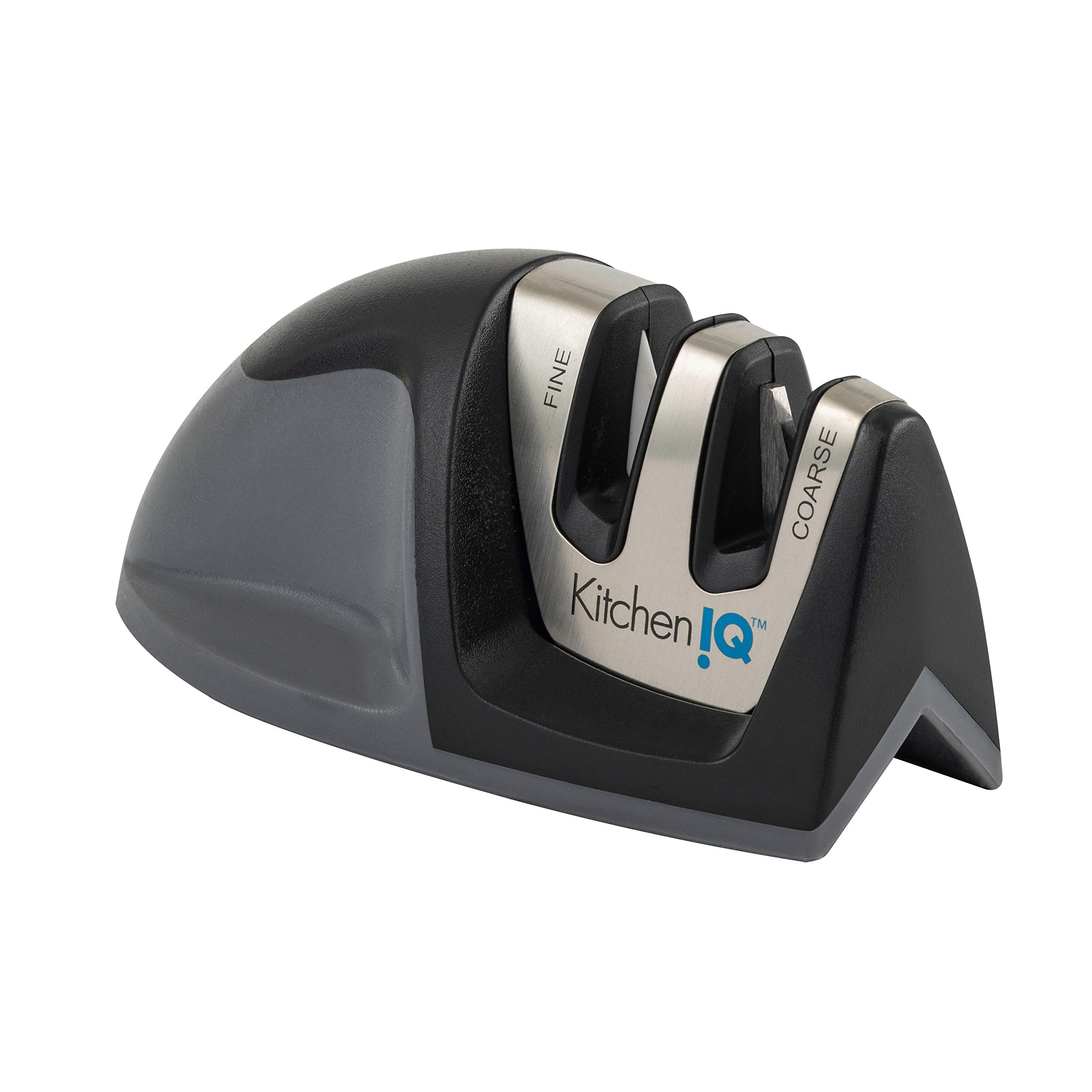 KitchenIQ 51420 | Edge Grip 2-Stage Knife Sharpener | 3 Pack | Coarse & Fine | Compact for Easy Storage | Stable Non-Slip Base | Soft Grip Rubber Handle | Straight & Serrated Knives, Black/Carbide