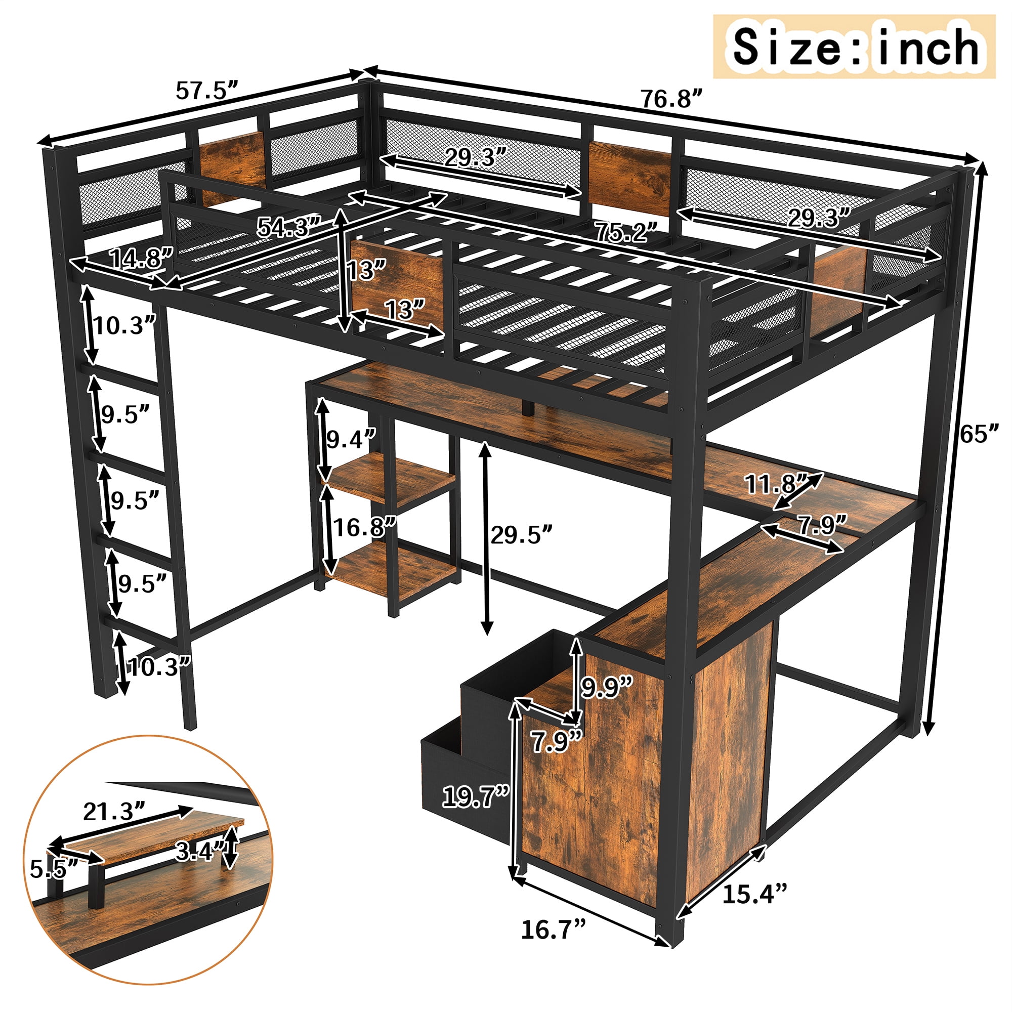 Leumius Full Size Loft Bed with Desk and Storage Drawers,Industrial Style Metal Loft Bed Frame with Ladders,Space-Saving/Noise Reduced,Black