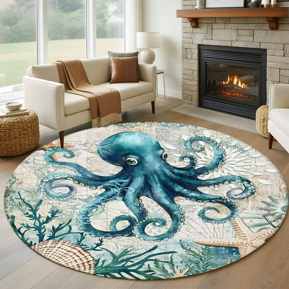 Nautical Octopus Round Area Rug 5 FT, Non Slip Bedroom Area Rug, Coastal Vintage Coral Starfish Ocean Washable Soft Circular Carpet Non-Shedding Floor Mat for Kitchen Dining Room Foyer Balcony Dorm
