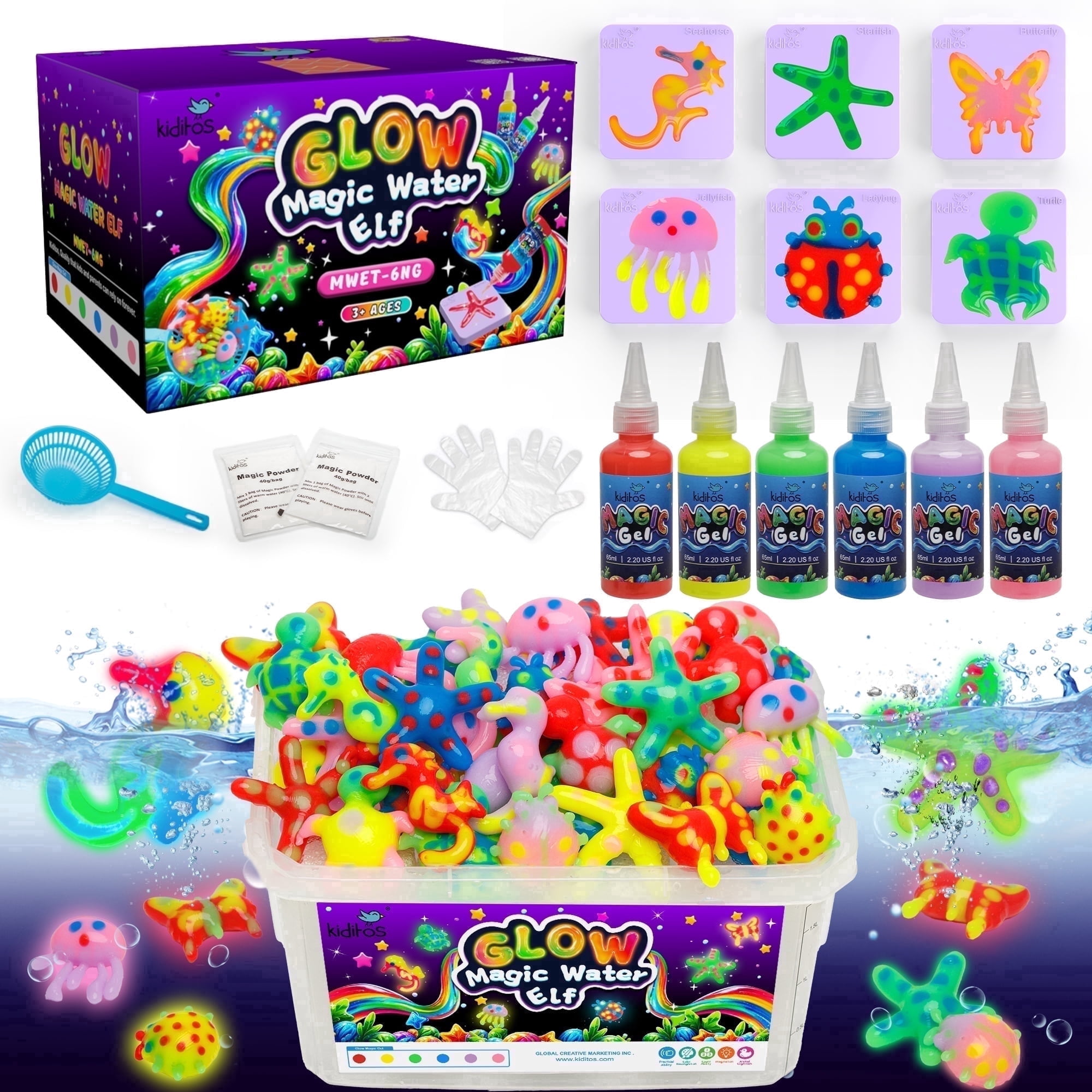 Kiditos Glow in The Dark Magic Water Elf Toy Kit-Squishies for Kids, 6 Gels & 6 Molds, Magic Gel Water Pets Sensory Toy, Fun DIY Craft Kit, Party Favors, Birthday & Summer Gifts for Kids Ages 3+