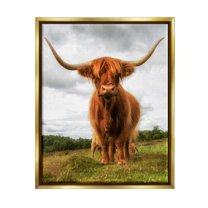 Stupell Industries Highland Cattle Long Horns Grazing Farm Ranch Photograph Metallic Gold Floating Framed Canvas Print Wall Art, Design by James Dobson