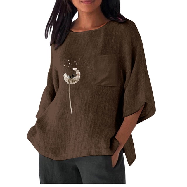 Hauts d'Été pour Femmes, Chemise Imitation Lin Manches 3/4 Col Rond T-Shirt Ample avec Poche Chemise Décontractée Légère et Pratique Haut d'Été, Hauts d'Été pour Femmes