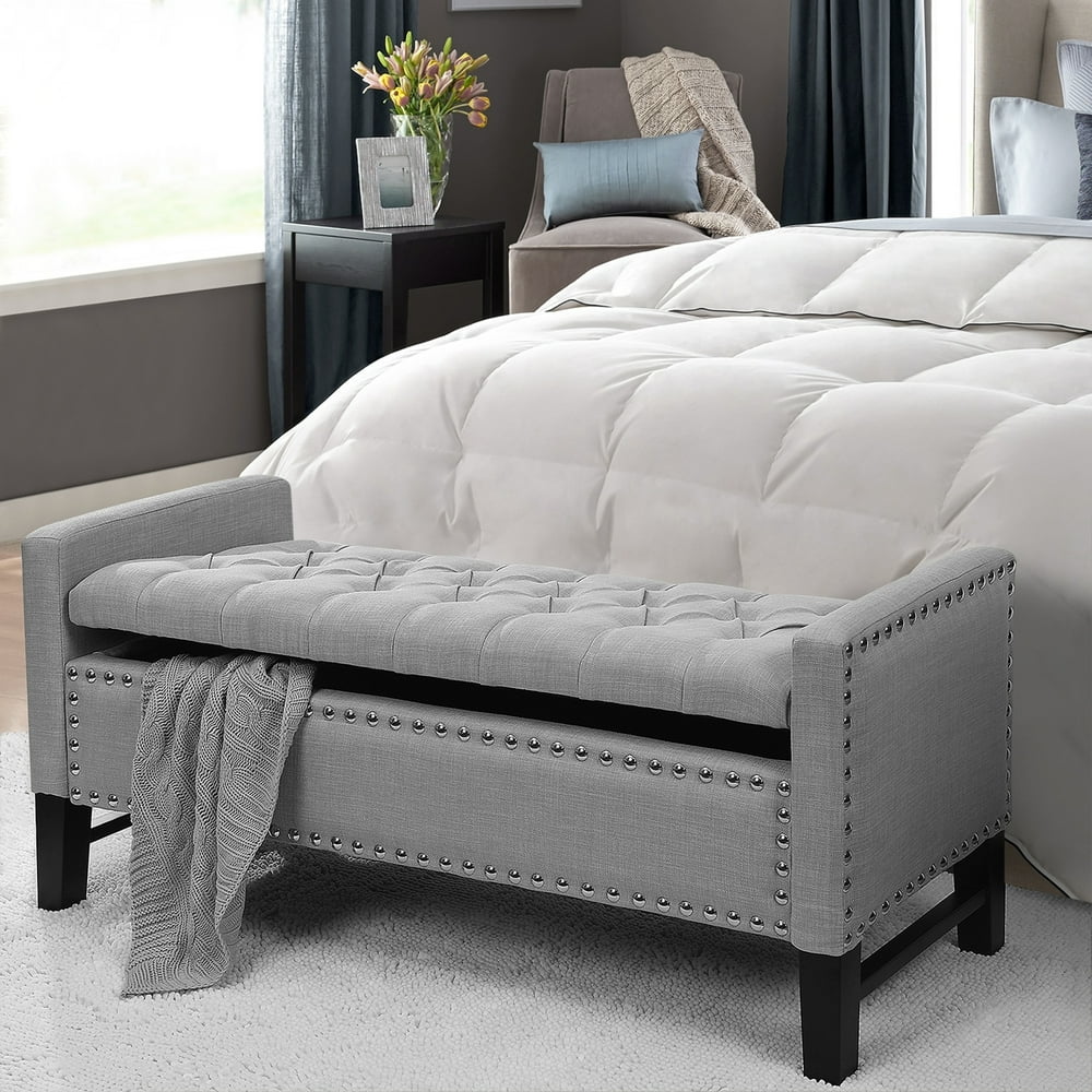 Scarlett Linen Button Tufted Storage Bench Silver Nailhead Trim