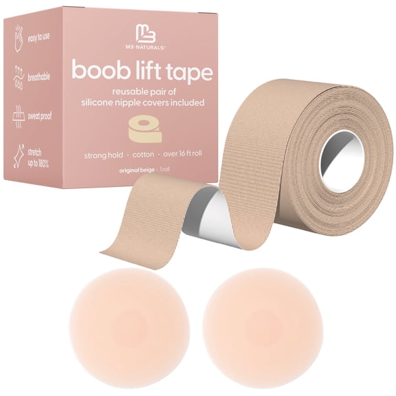 M3 Boob Lift Tape for Women | Invisible, Sweat-Proof, Stretchable Bra Tape for Strapless Dress | Boobtape for Large Breasts with Silicone Nipple Covers