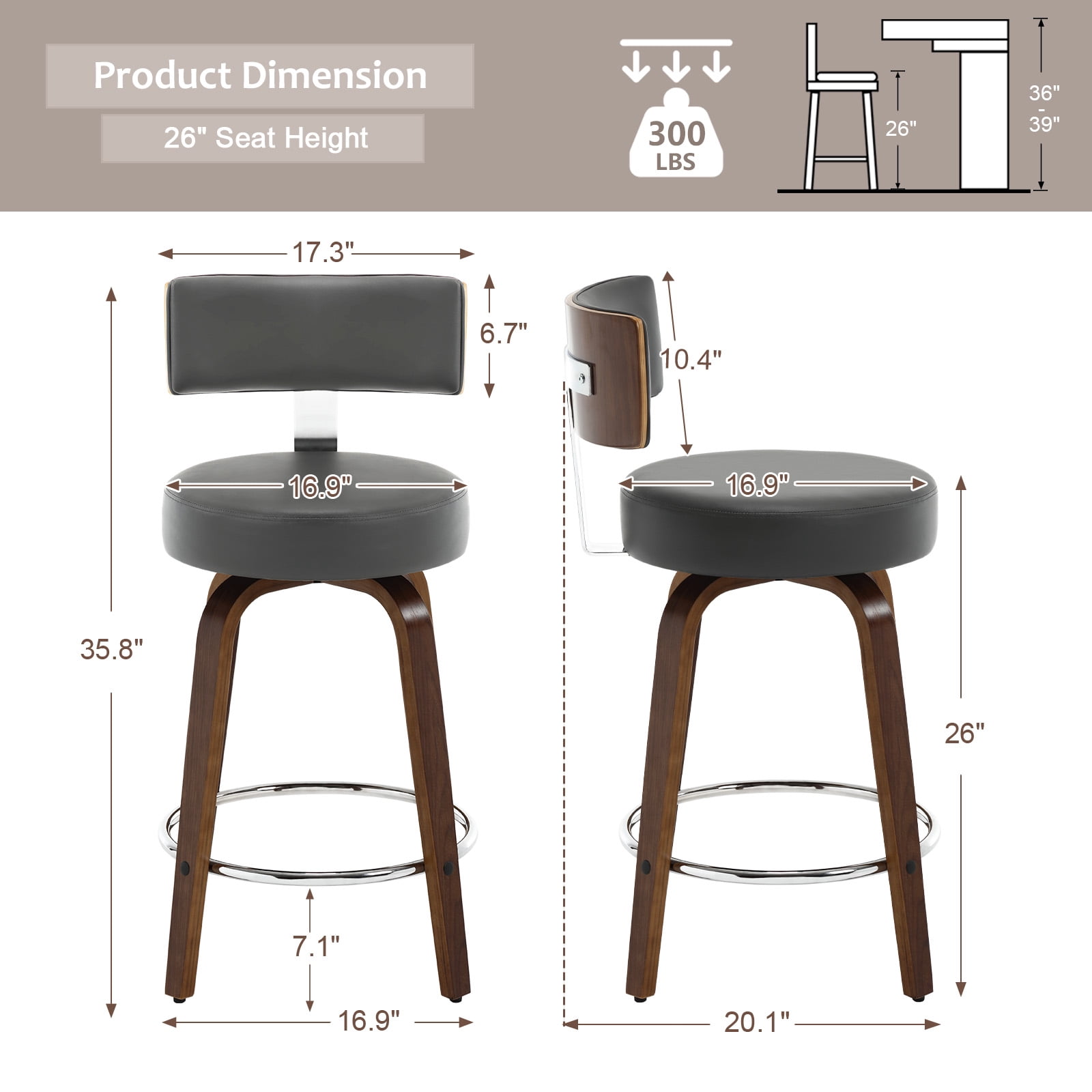 ANMINY Bar Stools Set of 2 360° Swivel with Back and Round Seat PU Leather Barstools 26" Bar Height Upholstered Bar Chairs Island Stools for Kitchen Counter