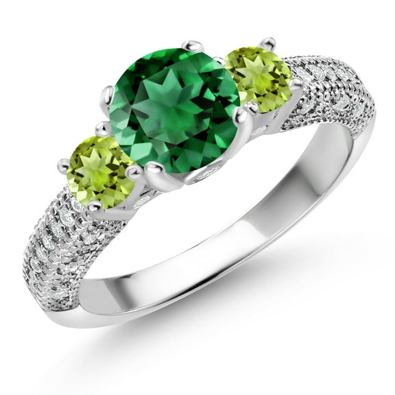 Gem Stone King 925 Sterling Silver Green Nano Emerald Green Peridot and White Moissanite Engagement Ring for Women (1.90 Cttw, Gemstone May Birthstone, Round 7MM and 4MM, Size 5)
