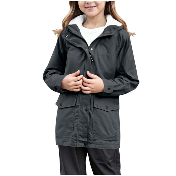 felwors Rain Jacket for Tween Girls Waterproof Hooded Raincoats Full Zip Lightweight Windbreaker Striped Lined Hoodie Windproof Coat Dark Gray, 10-11 Years