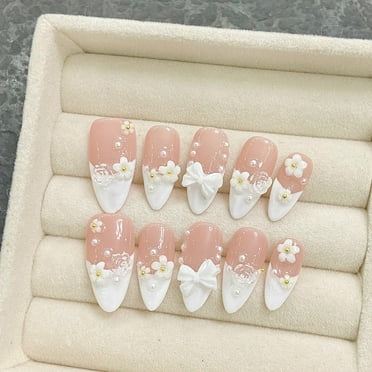 PeregrinaX Floral Bow Press-On Nails Pink & White False Nails | Short Almond Nails, Reusable,30 Pieces