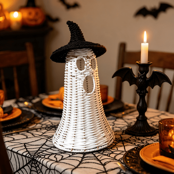 NANIL Halloween Woven Ghost Figurine with Witch Hat, 14 Inches Handwoven Black Rattan Ghost Decor, Farmhouse Style Spooky Halloween Tabletop Centerpiece Decor for Home OrnamentοΌPerfect Halloween Gift