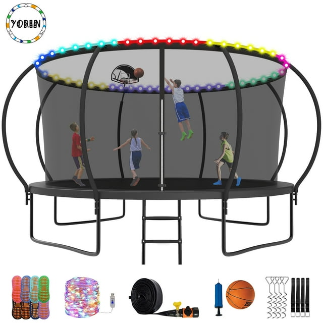 YORIN Trampoline for 7-8 Kids, 14 FT Trampoline for Adults with Enclosure Net, Basketball Hoop, Ladder, 1400LBS Outdoor Recreational Trampoline, Heavy Duty Trampoline with Light, Sprinkler, Socks