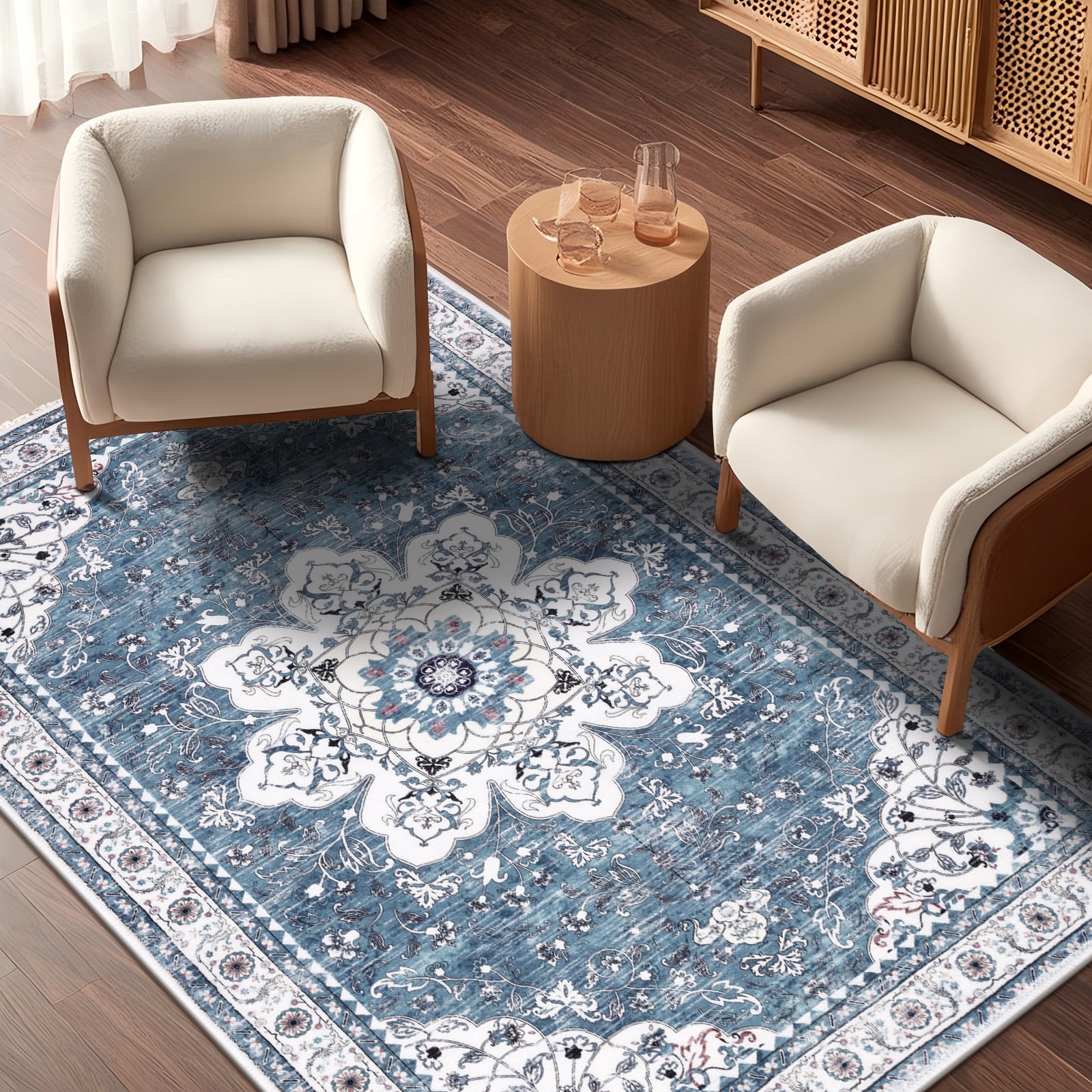 MeyJey Oriental Indoor Living Room Area Rug 5'x8', Non-Slip Machine Washable Vintage Floor Carpet for Bedroom Dining Kitchen Hallway Nursery, Blue