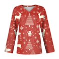 thumbnail image 4 of Kddylitq Women Christmas Tree T-Shirt Merry Christmas Cute Print V Neck Top Casual Holiday Xmas Long Sleeves Gifts Shirts Tops Wine L, 4 of 5