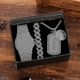 thumbnail image 1 of 3 Pcs Men Watch Set Inlaid Diamond Steel Band Quartz Watch Necklace Bracelet, 1 of 4