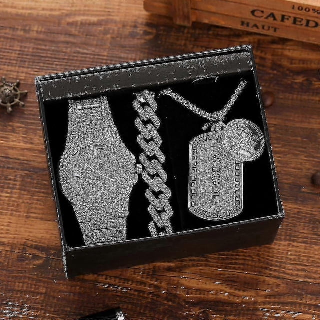 3 Pcs Men Watch Set Inlaid Diamond Steel Band Quartz Watch Necklace Bracelet