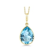 Gem Stone King 14K Yellow Gold Blue Topaz Pendant Necklace | 8.00 Cttw | Pear Shape 16X12MM | Gemstone Birthstone | Gold Necklace for Women | With 18 inch Chain