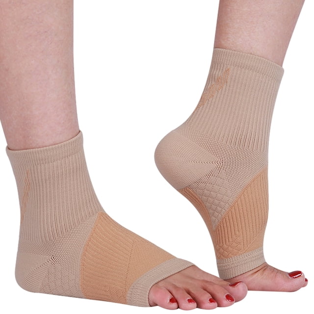 Tobillera de compresión (4 pares) para aliviar el dolor de neuropatía, tendinitis aquílea y fascitis plantar. Tobillera sin dedos para mujer y hombre (color carne, XL).