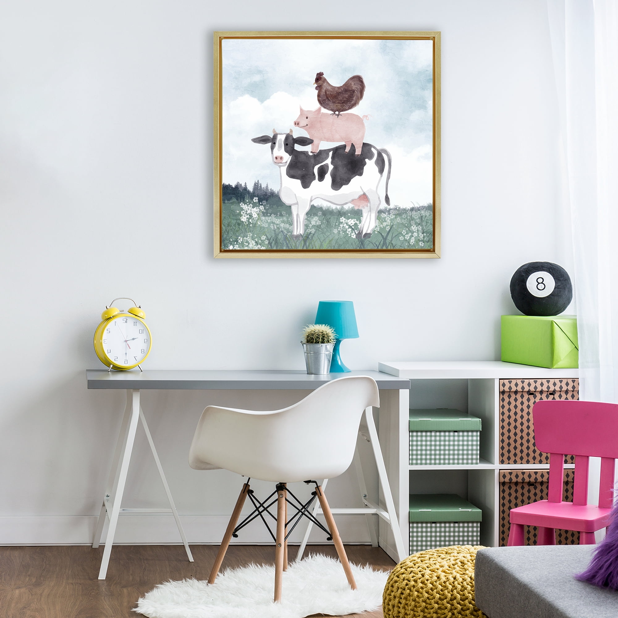 Stupell Industries Muted Stacked Farm Animals Gold Framed Floater Canvas Wall Art, design by Kim Allen