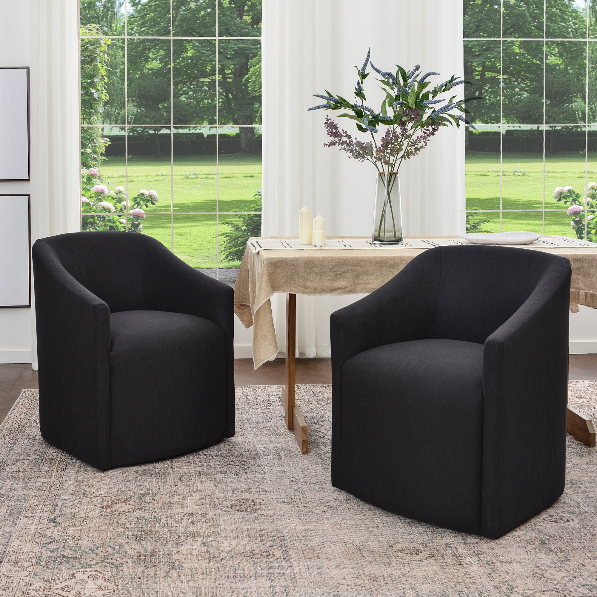 KINWELL 25" Wide Upholstered Dining Chairs with Casters Set of 2, No Assembly Modern Performance Fabric Barrel Back Rolling Dining Armchair for Kitchen Dining Room (Black)